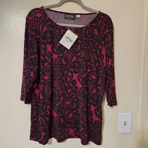 Bob Mackie Wearable Art New Paisley Black Hot Pink Tunic 1X 3/4 Sleeves